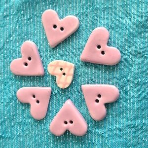 Vintage Pink Heart Shaped Ceramic Buttons, Valentines Day Craft,  set of 7